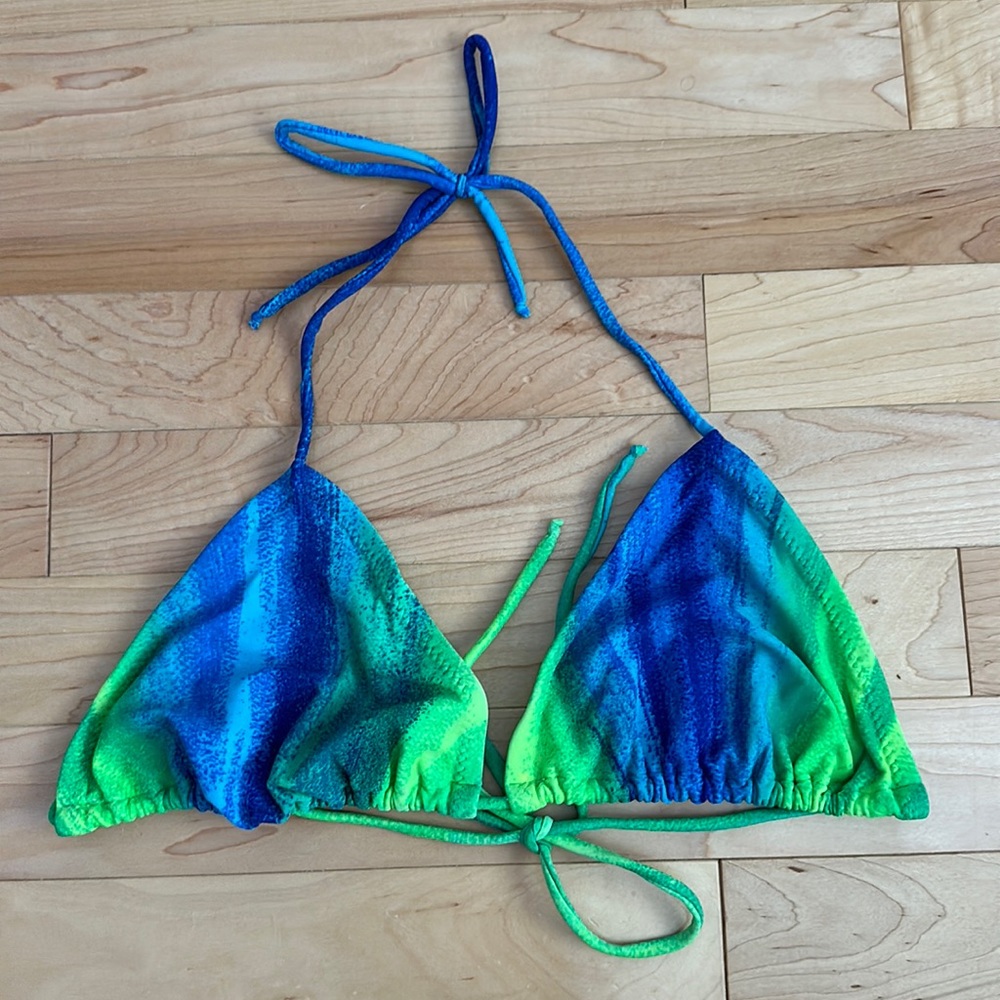 Fluorescent blue and green string bikini top